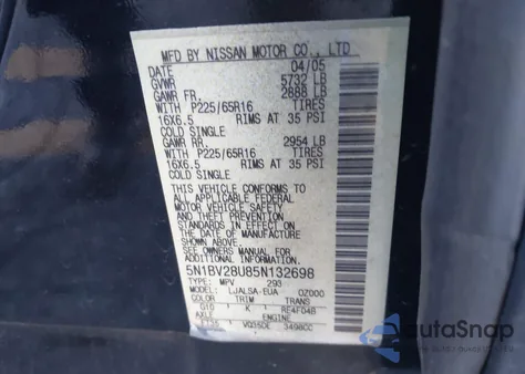 2005 Nissan Quest 3.5 S z USA, uszkodzony, nr VIN 5N1BV28U85N132698